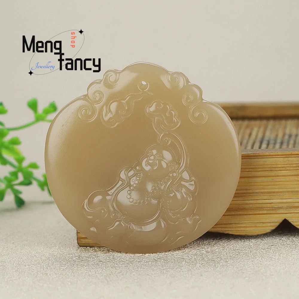 

Natural Hotan Jade Qiemo Blue Smoke Purple Maitreya Buddha Pendant National Style Buddhist Amulets High-grade Fashion Jewelry