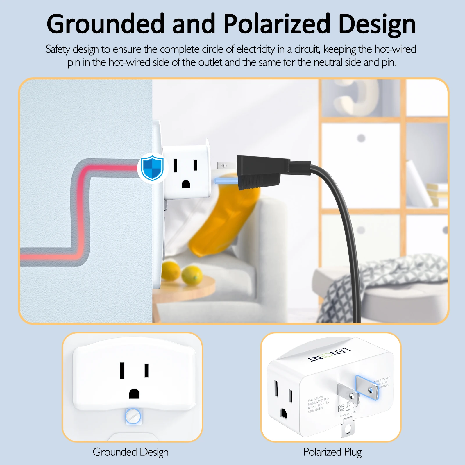 LENCENT 4 PCS Travel Adapter with 3 Outlets Multi Plug Extender 3 Prong to 2 Prong Polarized Grounding Adapter for Home Office