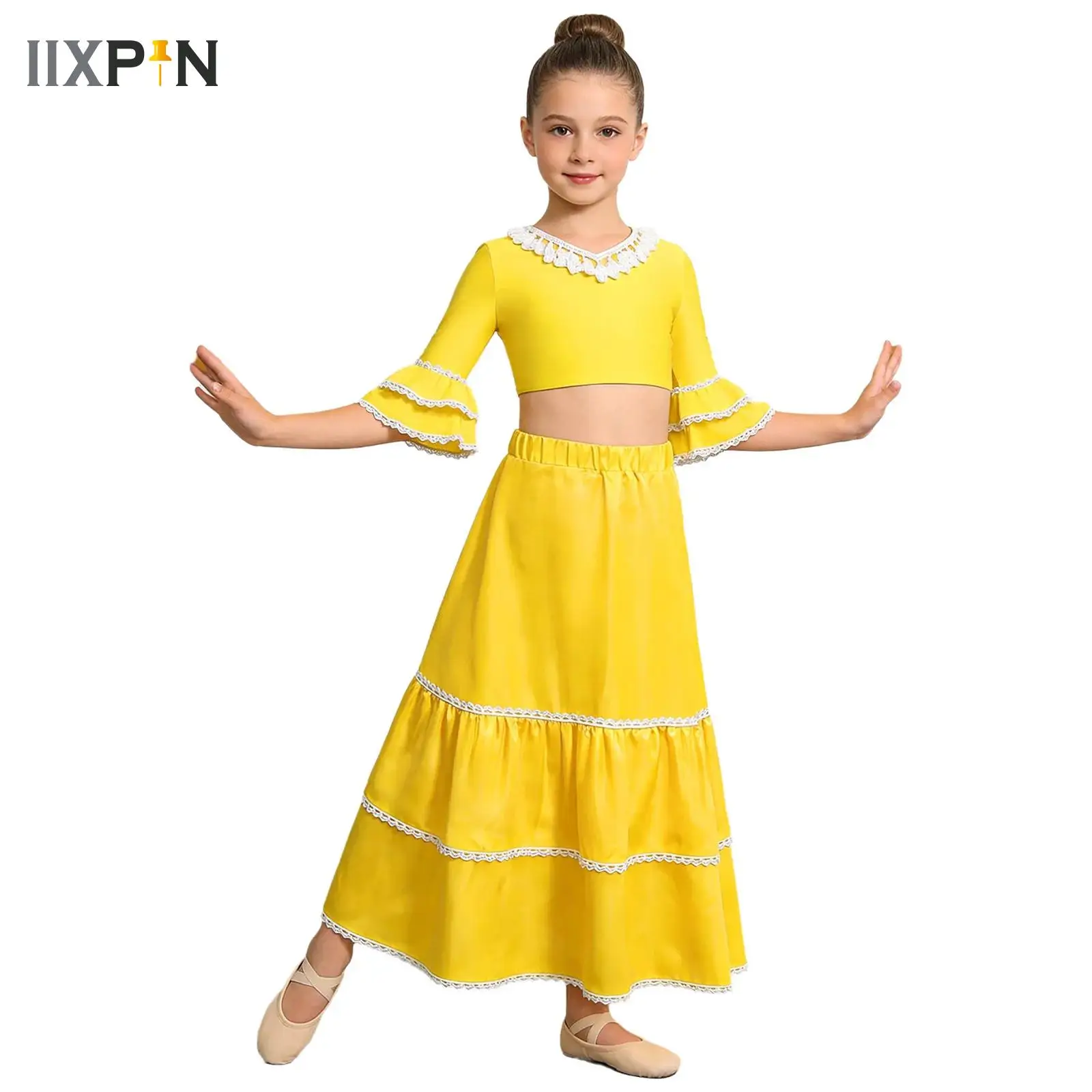 

Spanish Costume for Kids Girl Flamenco Style Dress Ballroom Crop with Skirt Outfit Child Performance Competition Dancewear