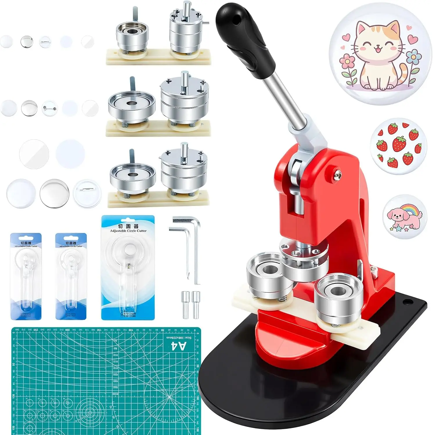 1 Inch+1.25 Inch+2.25 Inch Button Maker Machine Multiple Sizes Pin Maker Interchangeable Button Models Badge Metal Press Machine with 300 Sets Supplies &Circle Cutter&Cutting Mat