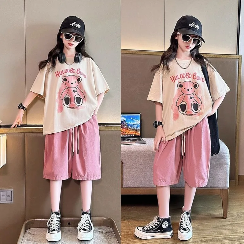 

2025 summer girls Clothes Child set Sports Suit Teen tracksuit letter print bear t shirt tops + short pants 4 7 8 10 11 12 year