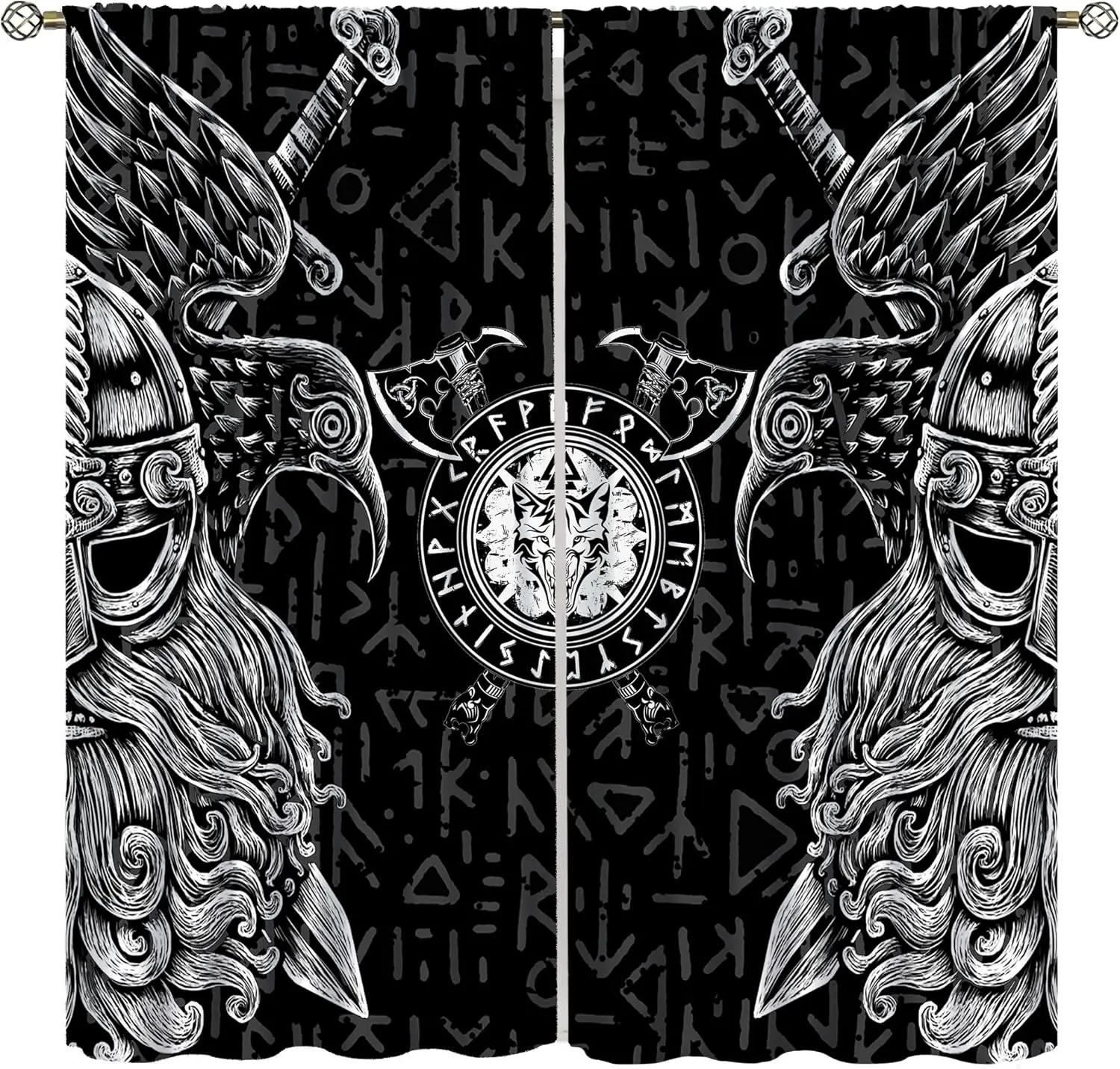 Ancient Viking Art Curtains, Norse Rune Raven Wolf Axe Helmet Print Window Drapes for Boys Youth Bedroom Living Room Decor