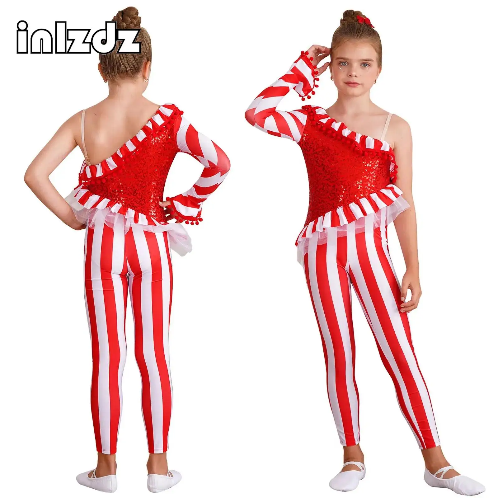 

Kids Girls Christmas Candy Cane Jumpsuit One Shoulder Sequined Santa Claus Bodysuit Ballet Gymnastics Leotard Unitard Dancewear