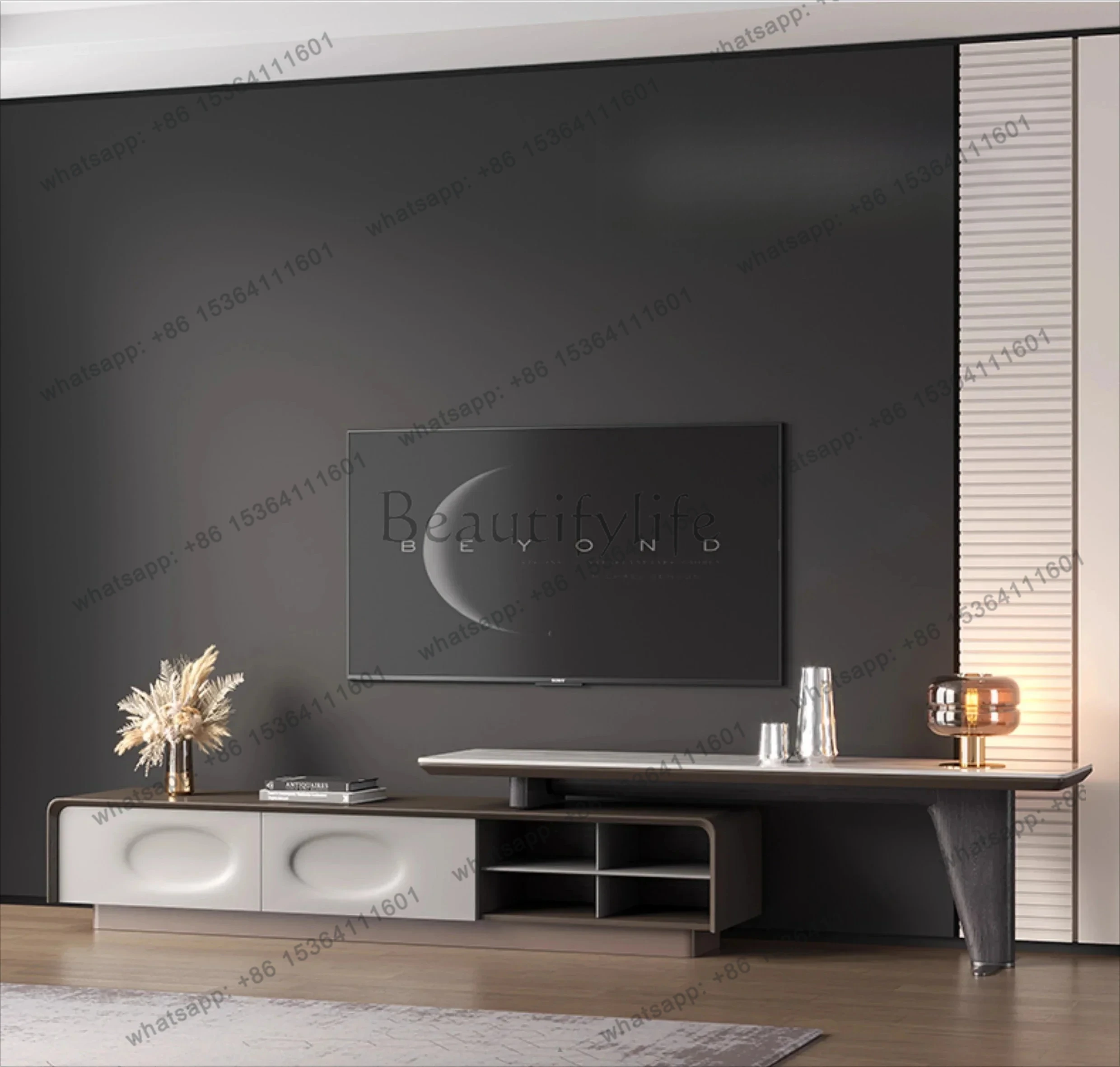 

New floor-to-ceiling TV cabinet Modern simple light luxury marble TV cabinet Living room rock slab retractable floor cabinet