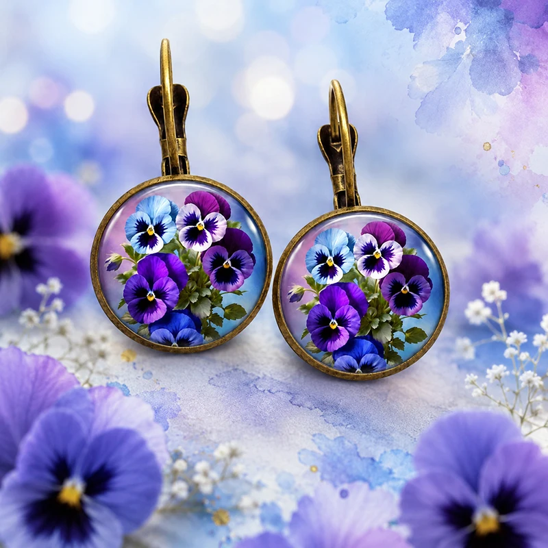 Romantic Purple Pansy Glass Dome Bronze Plated Dangle Earrings Antique Style Floral Jewelry For Women Mothers And Flower Lovers