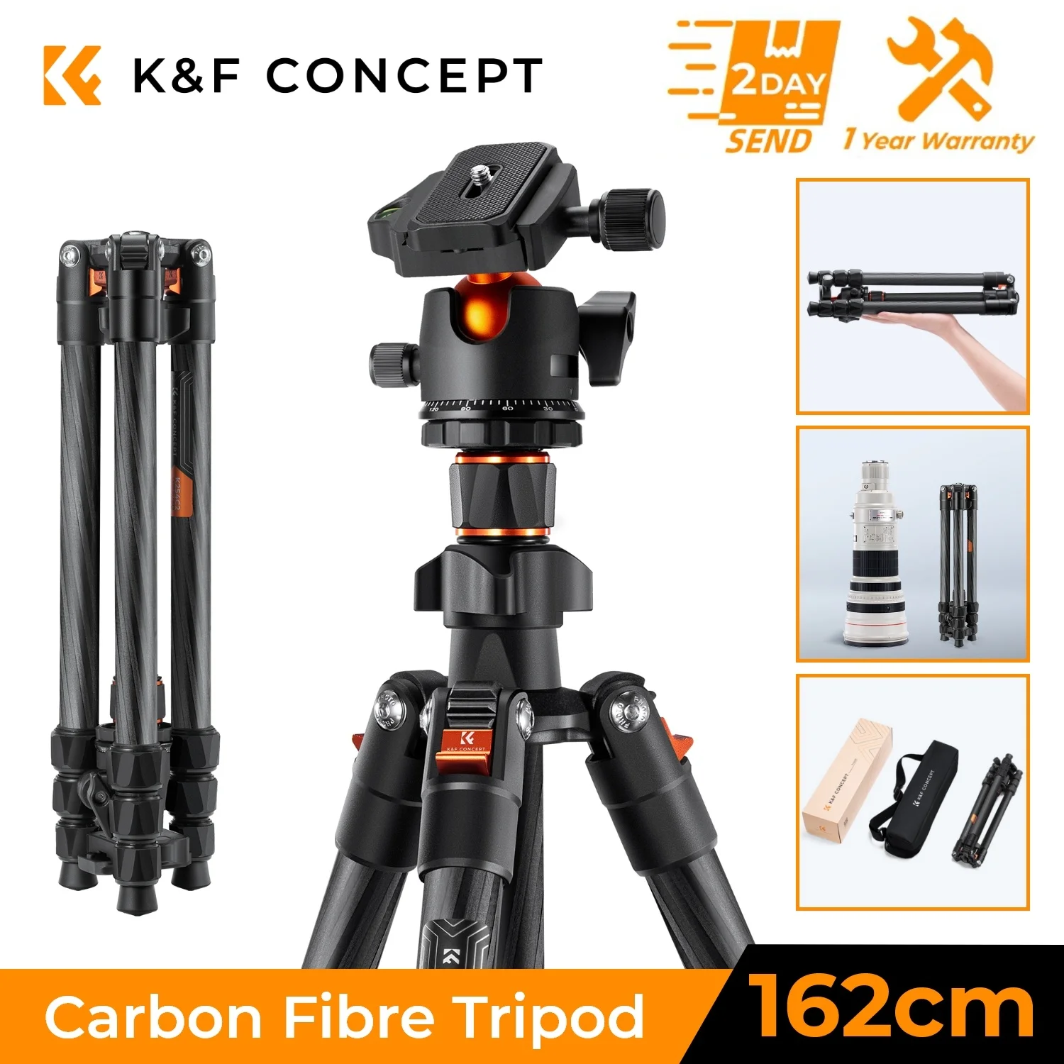 K&F CONCEPT 64-calowy/162cm Statyw do aparatu z włókna węglowego, lekki statyw podróżny z metalową głowicą kulową 36mm i płytą szybkiego montażu.
