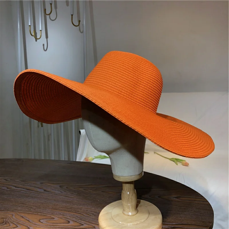 Orange straw hat 25cm super big brim hat Retail sun hat Ultra thin breathable summer sun hat straw hat Travel men and women