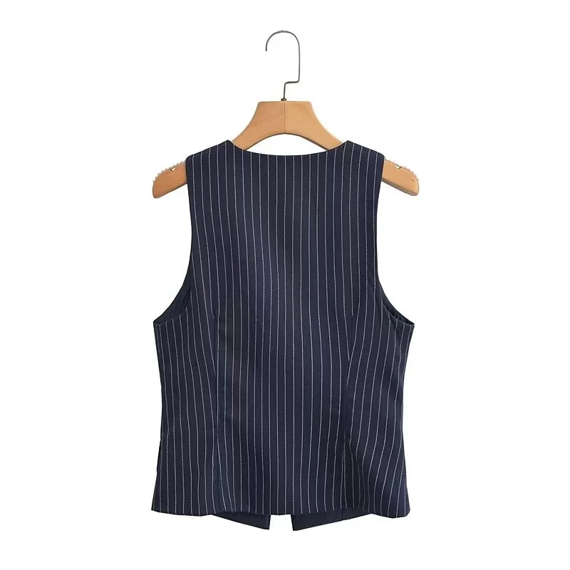 Keyanketian Zomer Nieuwe Verborgen Gesp Marineblauw Gestreept Vest Britse Stijl Dames V-Hals Slanke Korte Cardigan Mouwloze Top