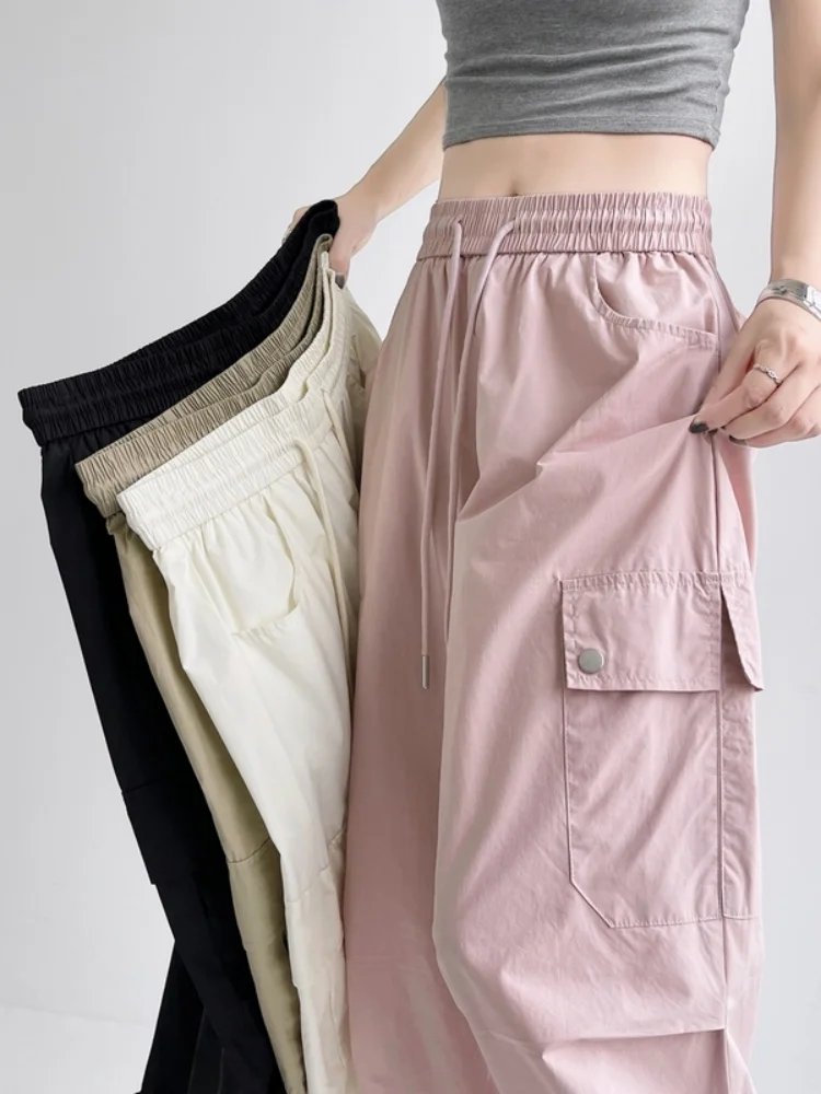 

Розовые женские брюки карго для весны и осени, тонкие, новые, в американском стиле, быстросохнущие, для альпинизма, летние, широкие штанины