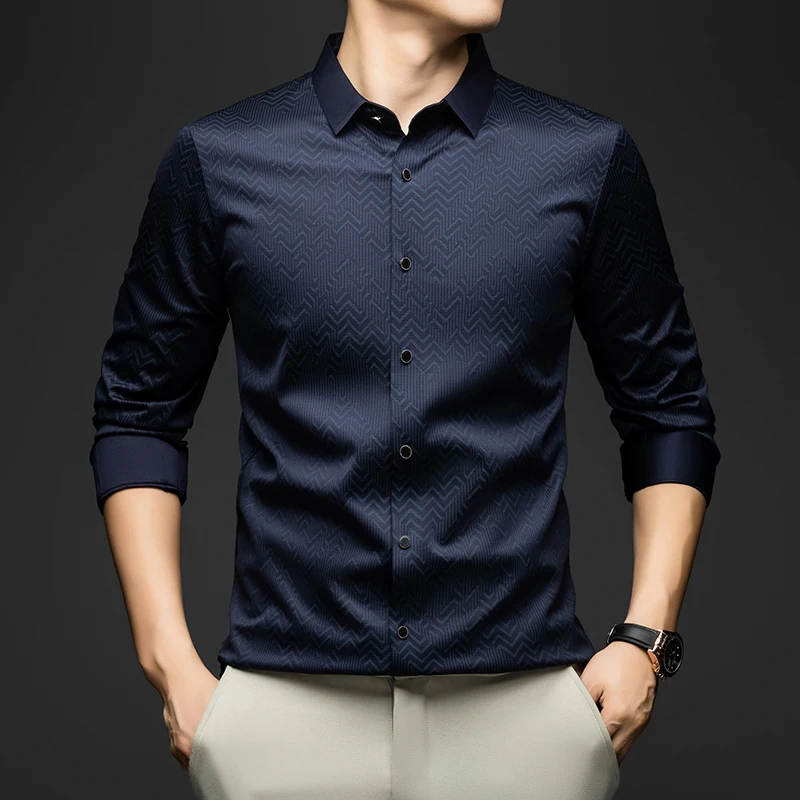 BROWON, camisa de manga larga para hombre, otoño 2025, nueva camisa informal de lujo de Color sólido, camisas ajustadas de oficina de negocios para hombre, ropa