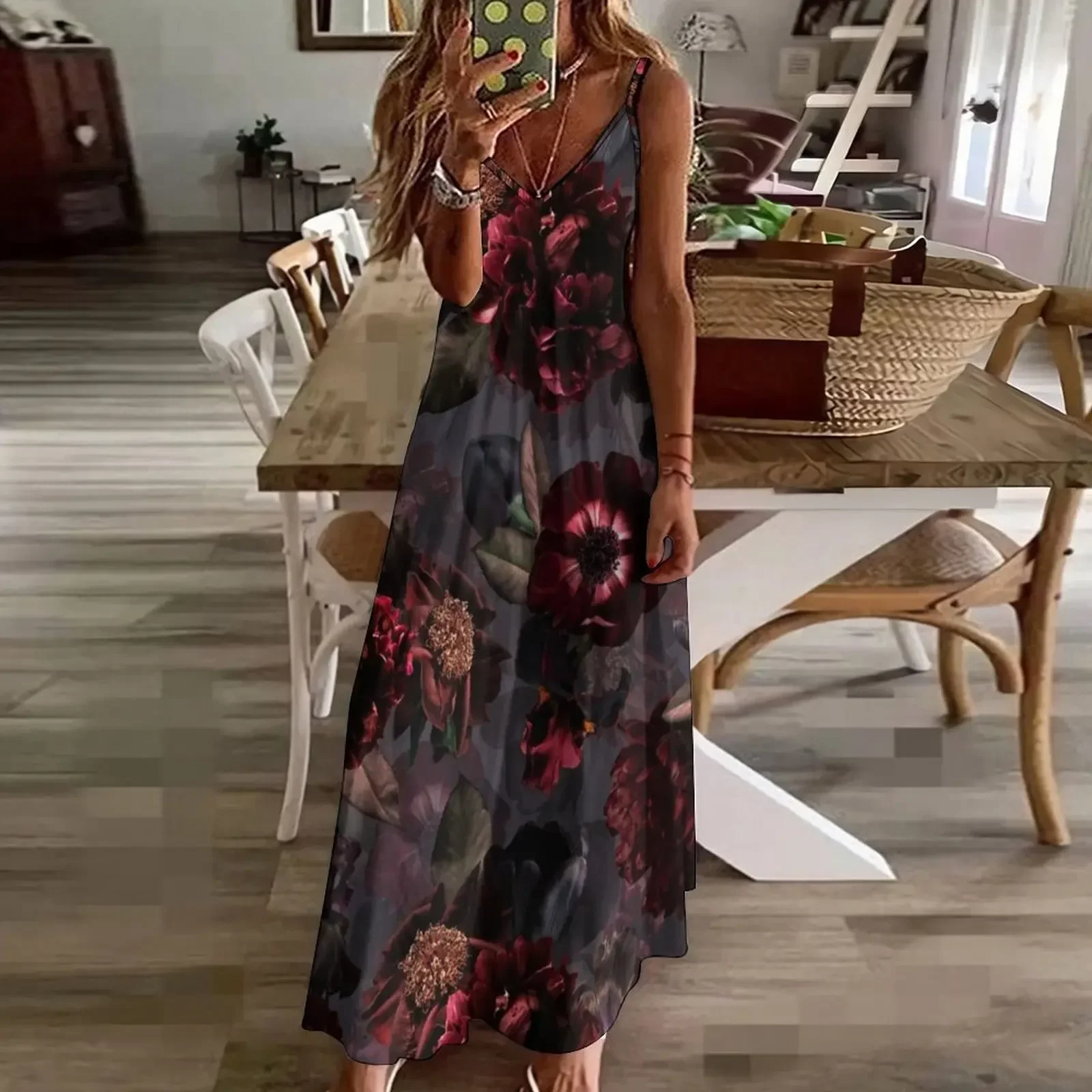 Dark Purple Gray Midnight Roses Botanical Night Garden Sleeveless Dress Women's long dress prom dress 2024