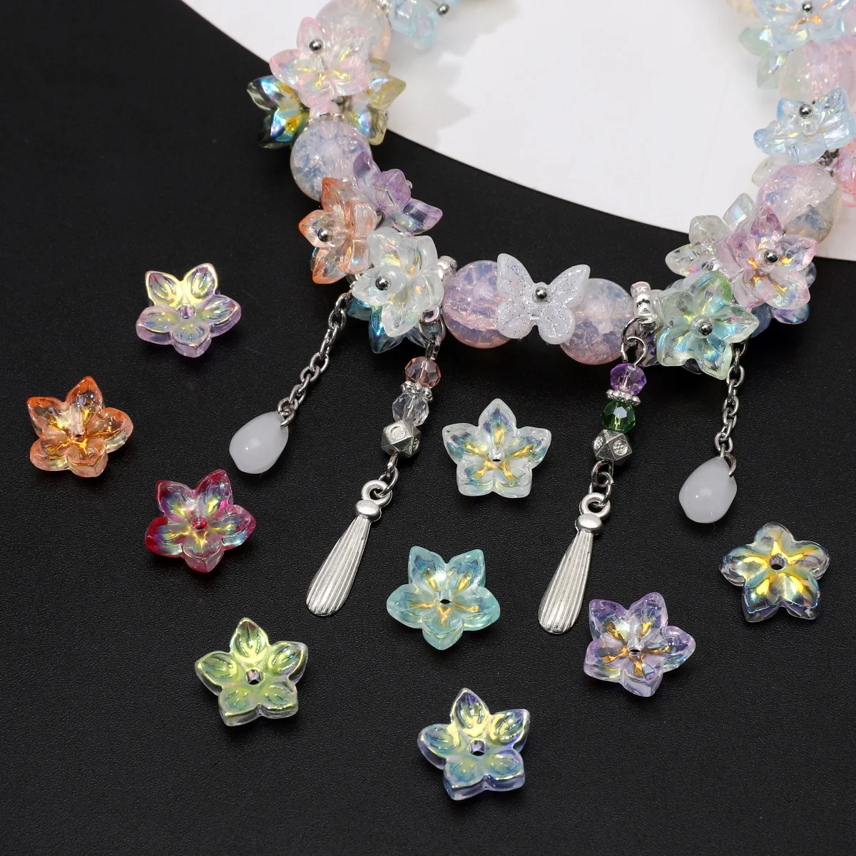 10Pcs AB Aurora Glass 5-Petals Flower Beads 12mm Multi Color Loose Beads For DIY Jewelry Making Bracelet Phone Chain Accessories