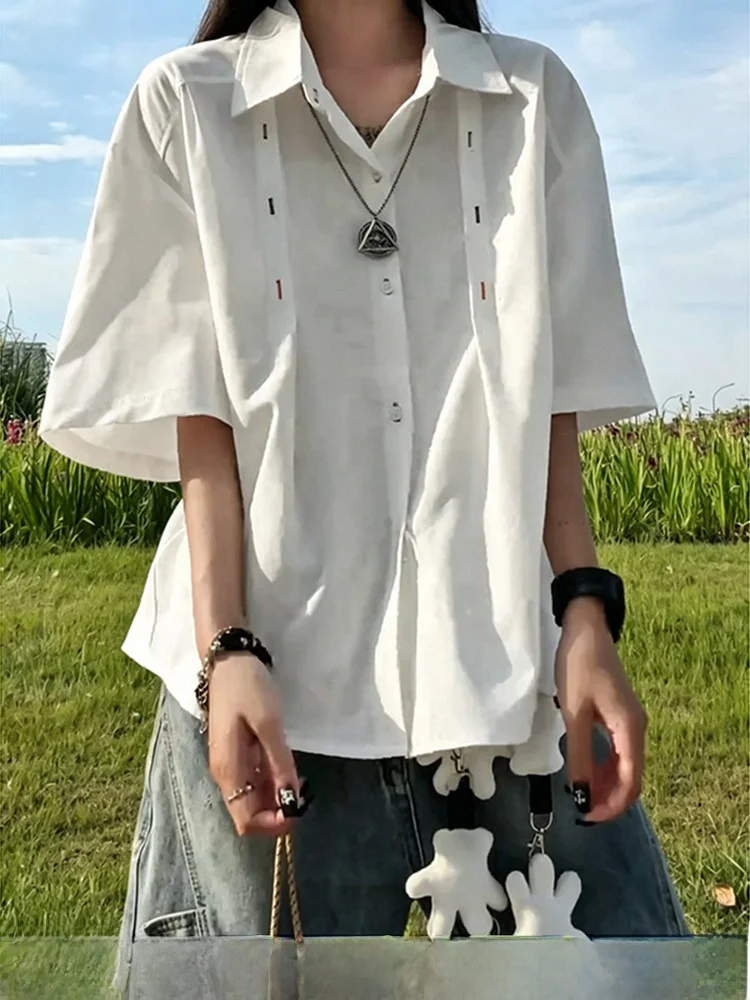 

American High Street Pleated Design Short Sleeve Men's Summer Trendy Loose Collar Embroidered Shirt Polyester Fiber Thin Model