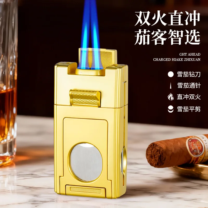 

Многофункциональная зажигалка 2026 Super Lighter с двойным прямым пламенем, надувная, ветрозащитная, синее пламя, с резаком для сигар, на бутане