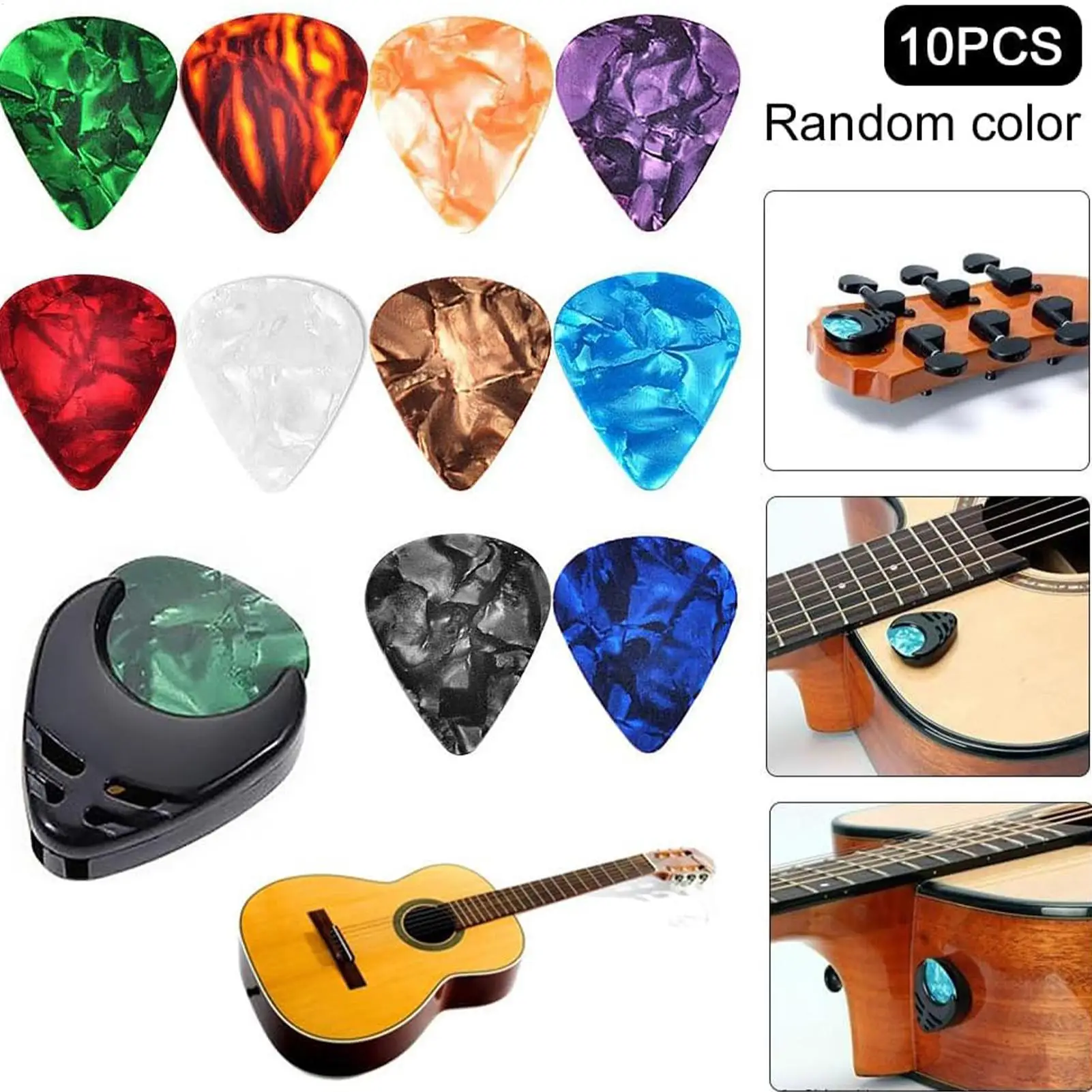 10Pcs Guitar Picks & Guitar Pick Holder Set For Acoustic Guitar Electric Guitar Bass Ukulele Stick-on Holder (Random Color)