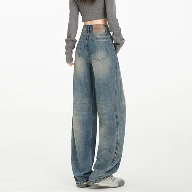 FINEWORDS High Waist Retro Blue Jeans Women Korean Wide Leg Korean Jeans Streetwear Easymatch Full Length Harajuku Baggy Jeans