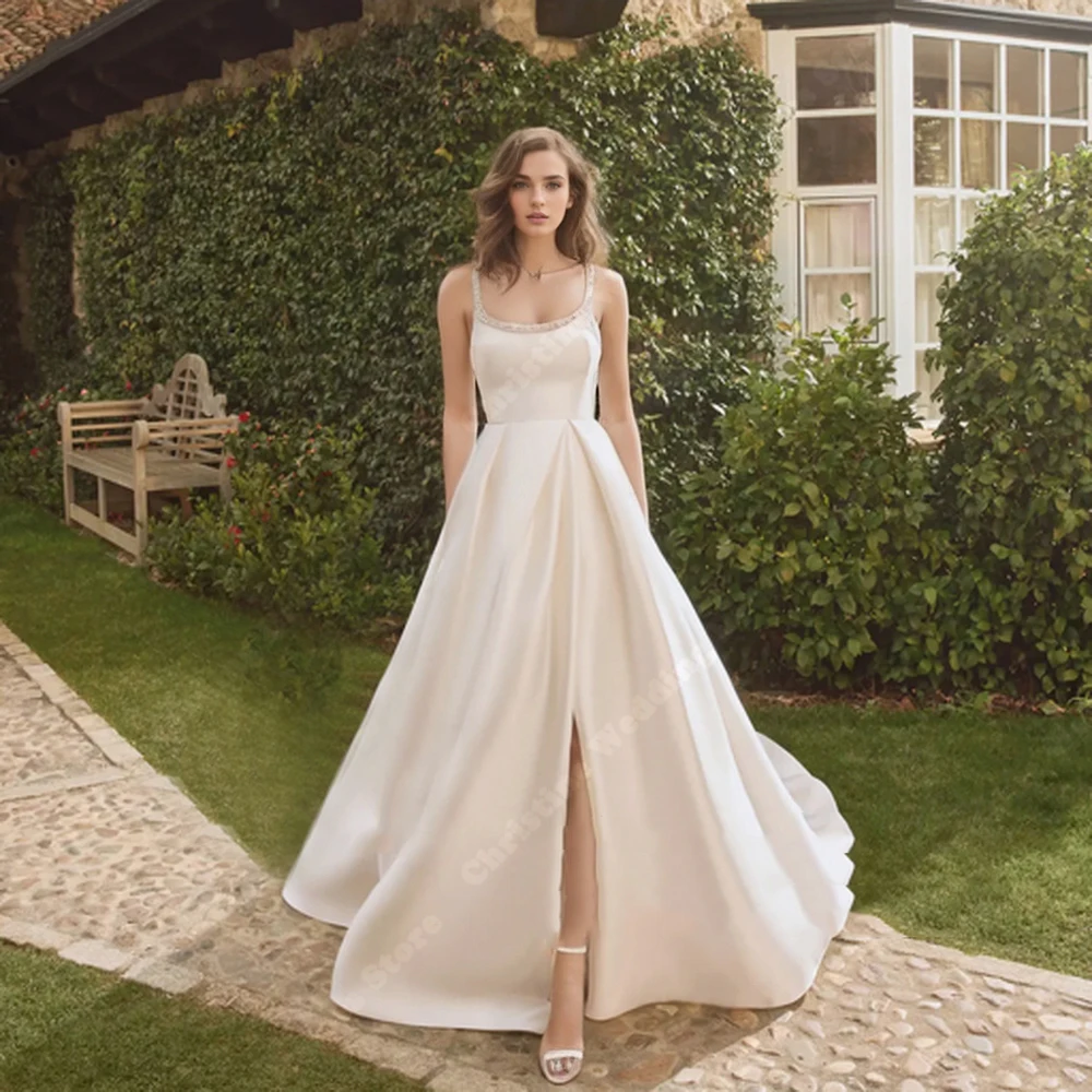 

Sexy Satin Sleeveless Women Wedding Dresses Round-Neck A-Line Bridal Gowns Princess Vestido De Novia Estilo Boho Chic Customized