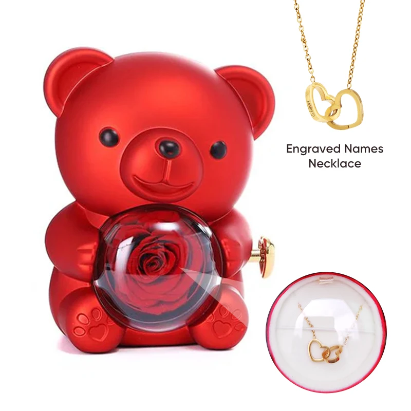 

2024 Heart Engraved Name Necklace and Rotating Eternal Rose Flower Hug Bear Jewelry Box Lovely Bear for Girl/Women