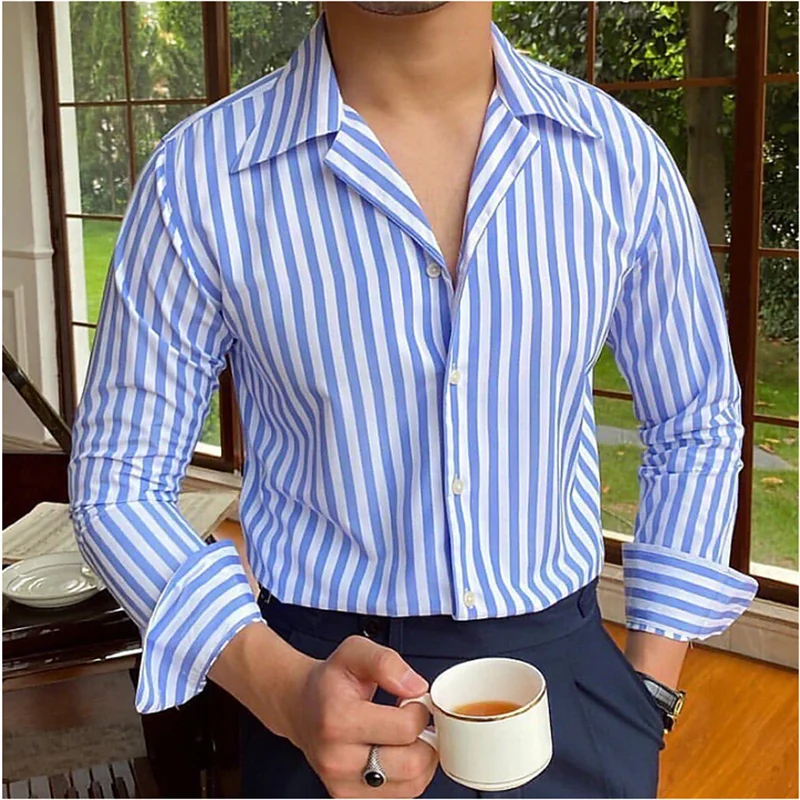 Herren Langarm Shirt Button-Up Shirt Sommer hemd blau Langarm gestreift Revers Urlaub Kleidung Mode Casual Tops