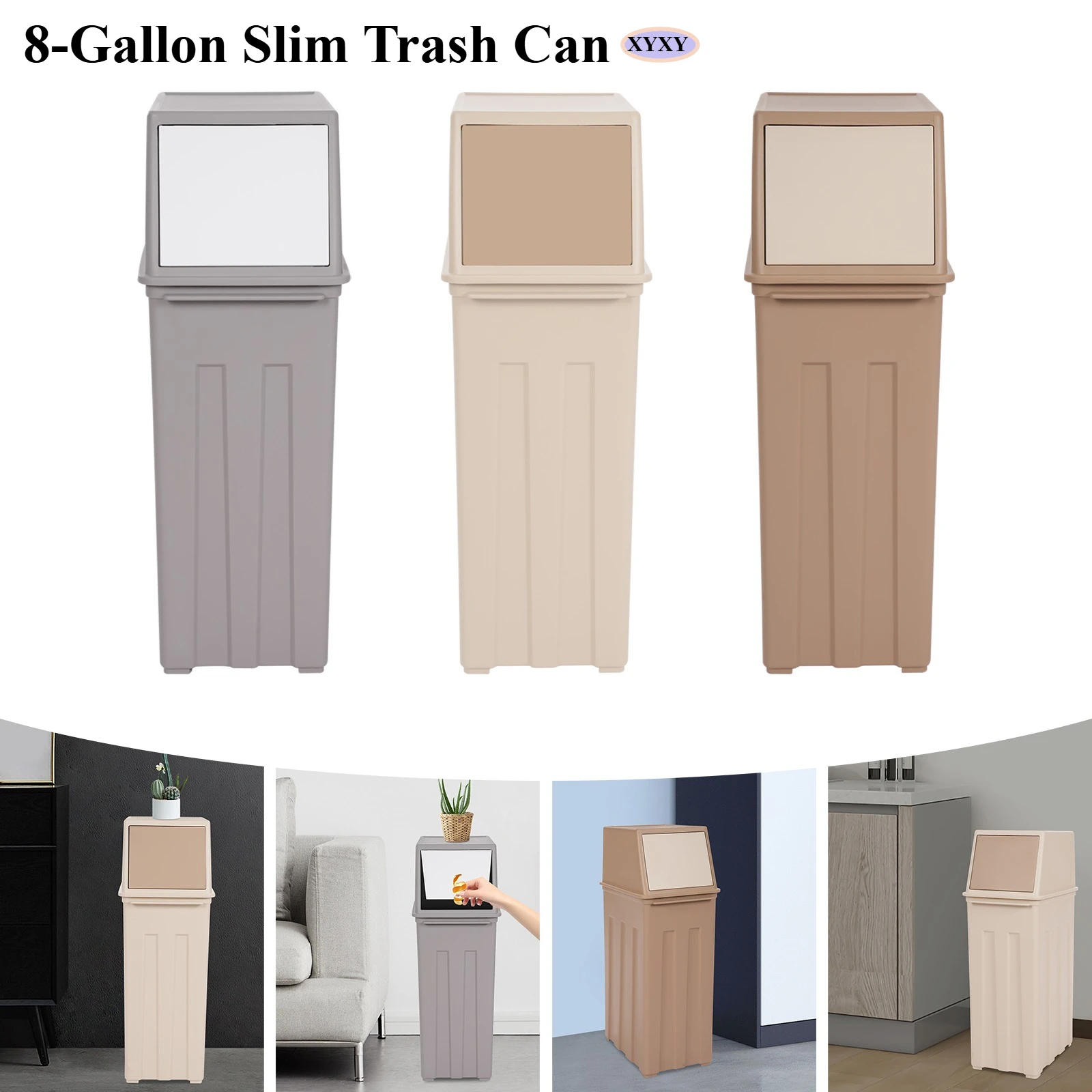 

8-Gallon Slim Trash Can with Hinged Lid–Space-Saving, Odor Control for Kitchen, Office, Bathroom–Durable PP Material Christmas