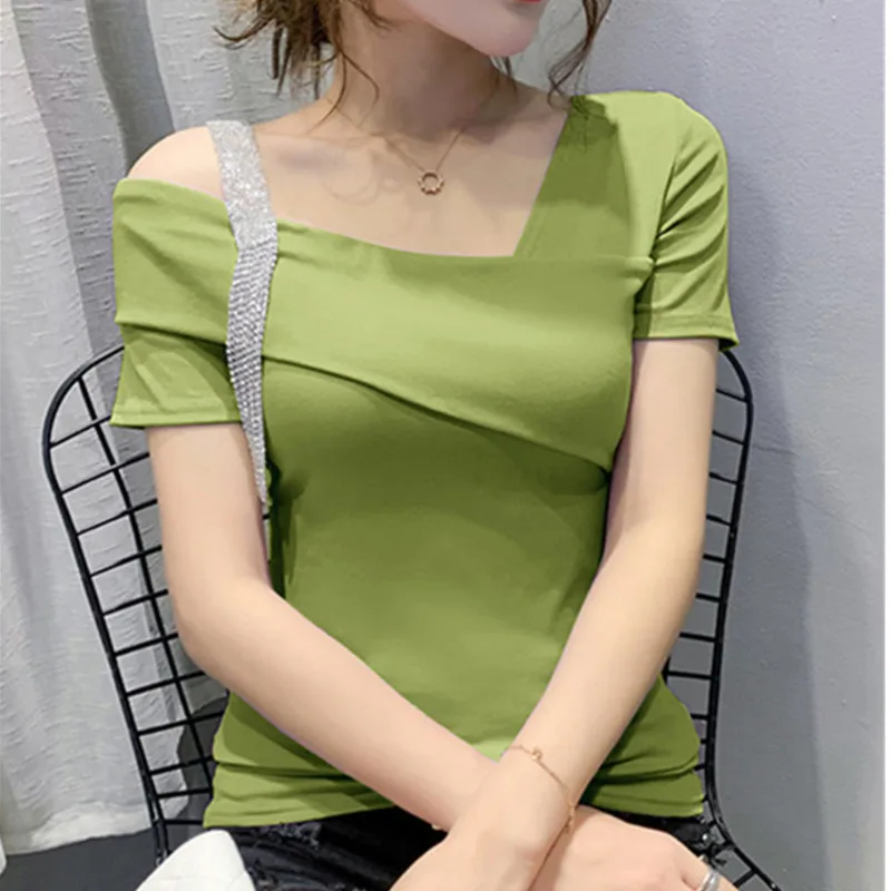 #5301 Summer Sexy Short Sleeve T Shirt Women Skew Collar Diamonds Skinny T Shirt For Girl Solid Color Tee Shirt Korean Fashion