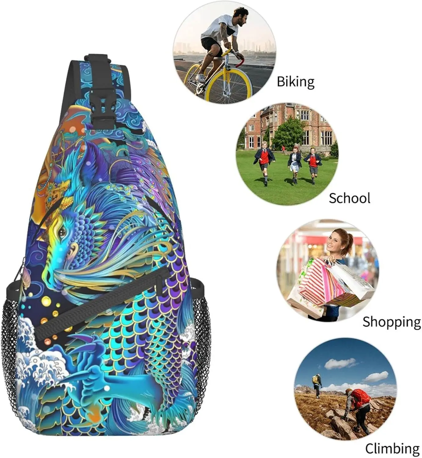 Dragão padrão sling mochila viagem caminhadas daypack saco de peito ombro daypack crossbody sacos para mulheres homens resistente à água