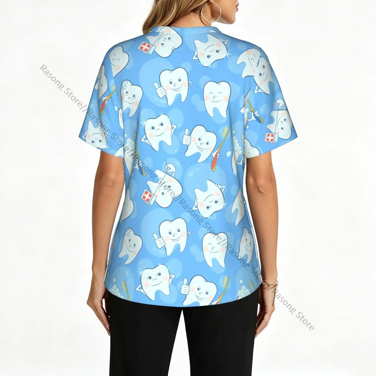 Cartoon Tooth Funny Teeth Scrubs Medical Uniforms Women V Neck Short Sleeve Tunic Scrubs Tops Nursing Surgical Uniforms