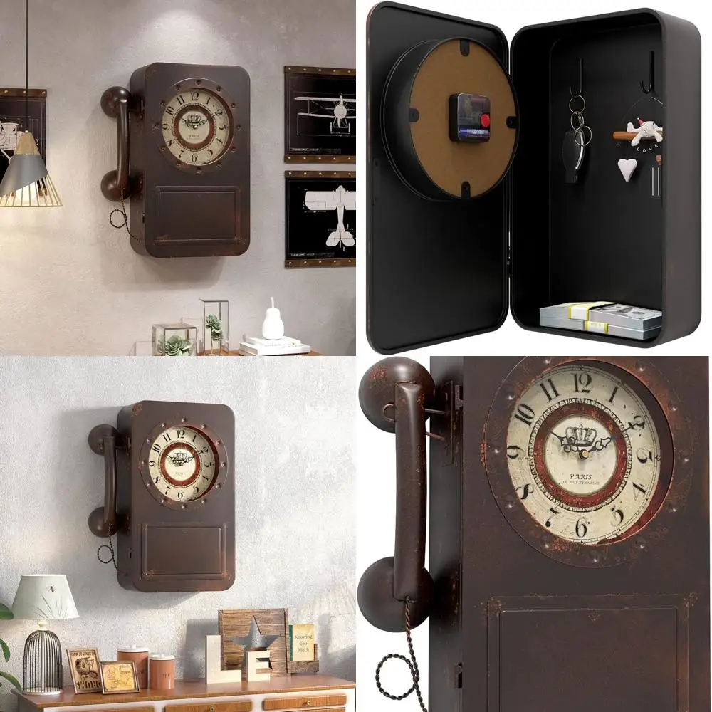 

Vintage-Style Metal Wall Clock with Secret Safe, Battery-Powered, Large Rectangular, Suitable for Home Decor (16x12x4)