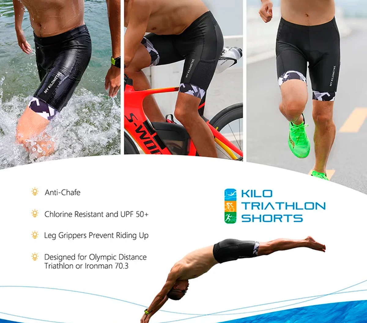 Men's Tri Shorts Quick Dry Compression Triathlon Cycling Shorts with Pad Side Pockets Swim Bike Run MY KILOMETRE