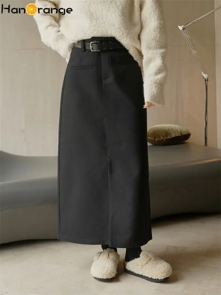 HanOrange 2024 Winter Split Ankle Length Pockets Skirt Black/Coffee