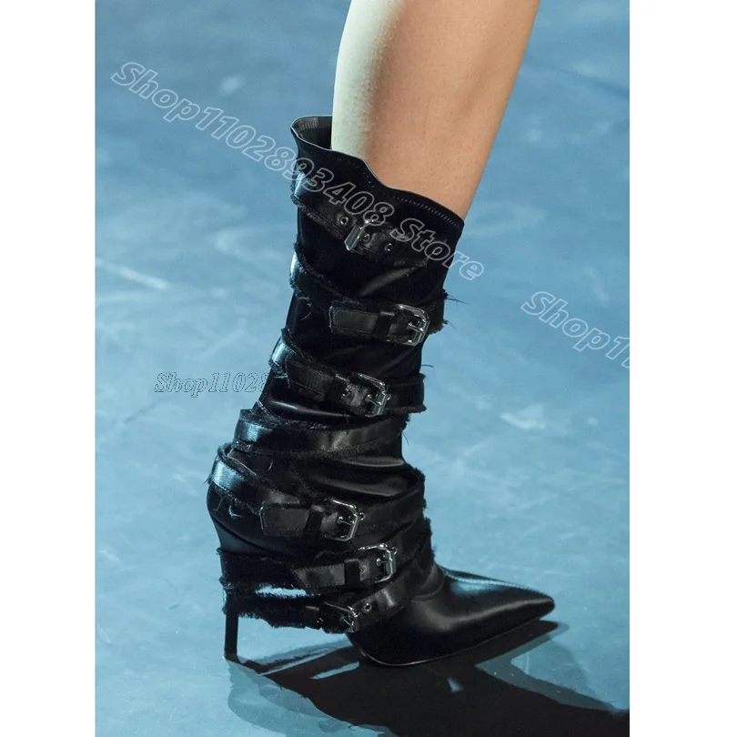 

Black Belt Buckle Stiletto Boots Pointed Toe Personality British Style Fashion Women Party Dress Boots 2025 Zapatos Para Mujere