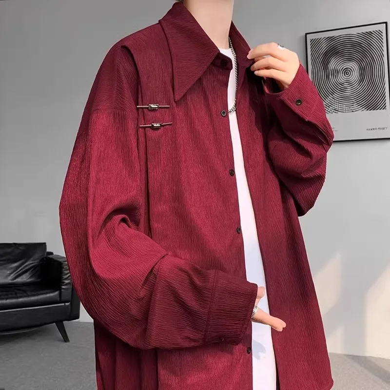 

Loose Fit Long Sve Men's irt Wine Red Texture National Sle Spring Summer Outerwear Metal Button Breathable Youth Faion