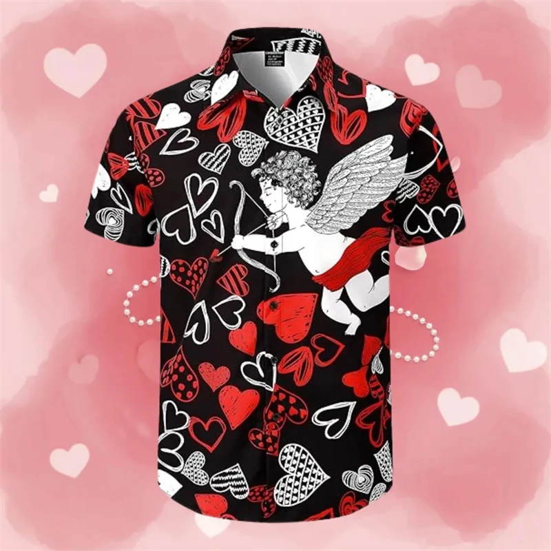 Couples Heart Print Red Hawaiian Shirt Men Women Loose Short Sleeve Button Up Shirts Love Vacation Summer Breathable Blouse 2026