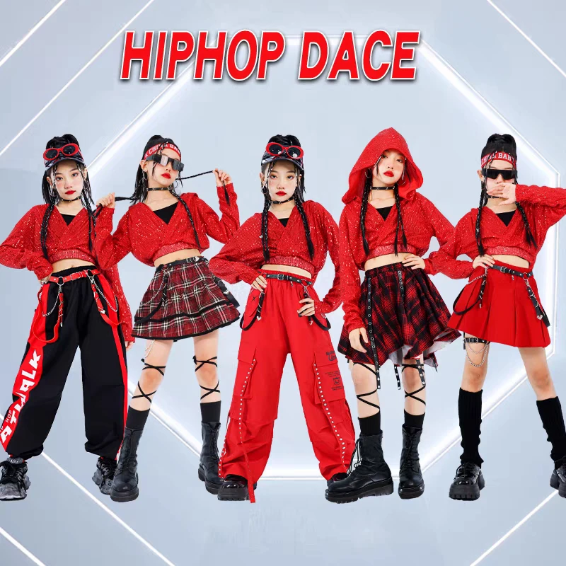 Neue Mädchen Pailletten Crop Hoodies Street Dance Rock Kinder Hip Hop Jazz Hosen Rote Kleidung Sets Kinder Streetwear K-pop kostüme