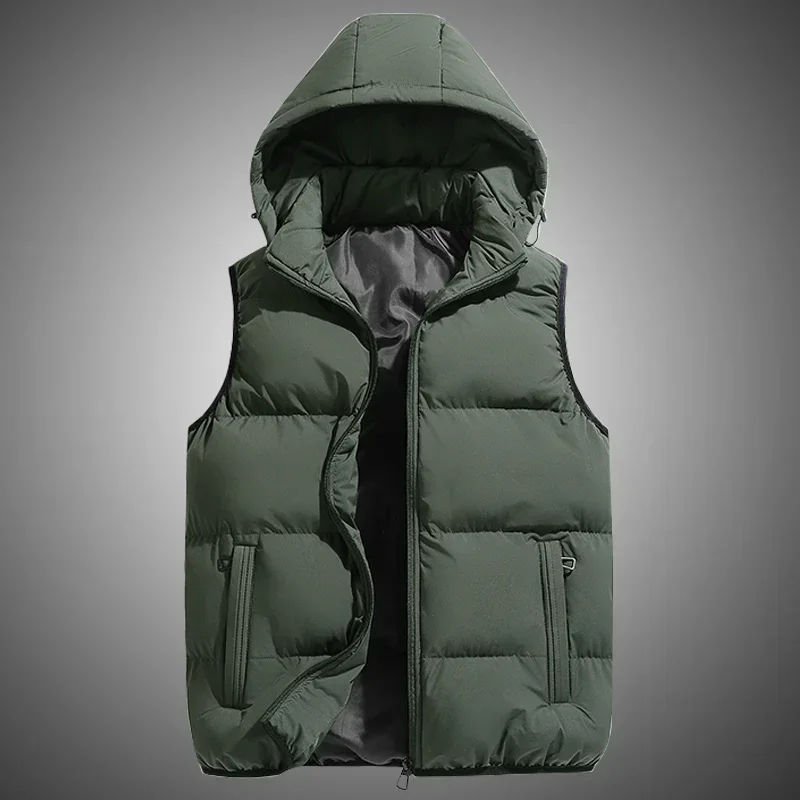 Men Sleeveless Down Vests Solid Hooded Vest Jackets Hot Fashion Male Winter Casual Pockets Waistcoat Windproof Jacket Plus Size