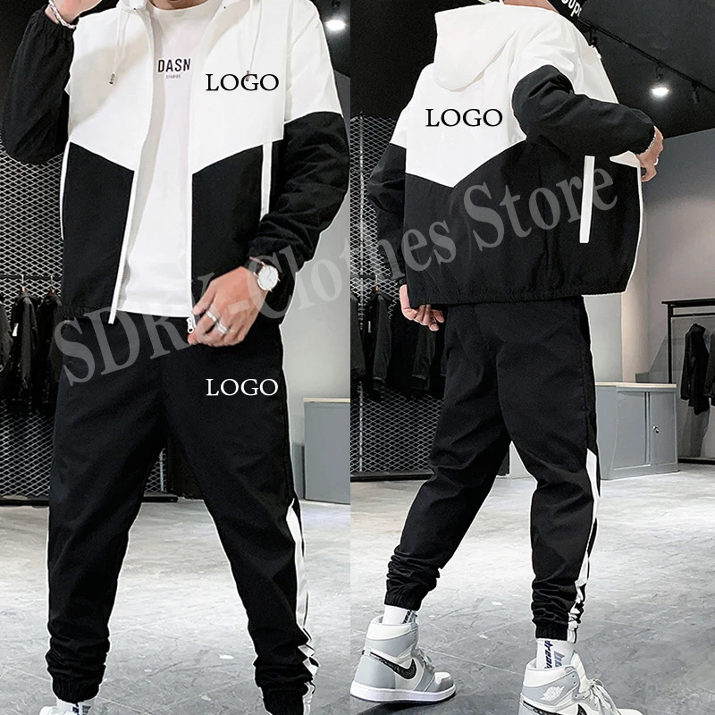 Własne LOGO dres męski kurtka + spodnie moda Harajuku odzież sportowa Homme komplet do joggingu Streetwear