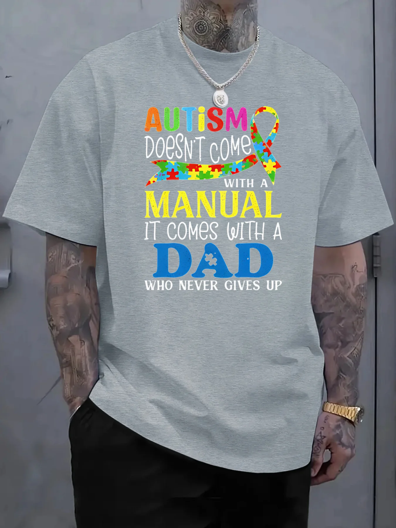 เสื้อยืดผ้าฝ้ายผู้ชายออทิสติกเสื้อยืดลำลองสั้นพร้อมคำคมสร้างแรงบันดาลใจการออกแบบปริศนาสีสันสดใสผ้าสบายพิมพ์ทนทาน