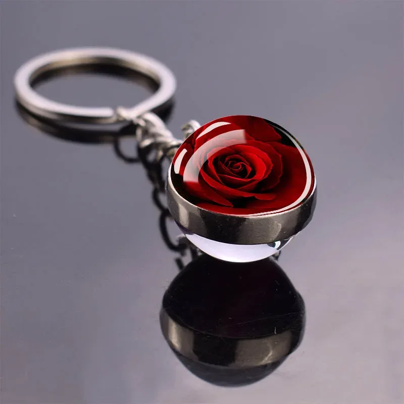 Flower Keyring Rose Lotus Cherry Blossoms Sunflower Keychains Glass Ball Pendant Jewelry for Women Cute Key Chain Gift