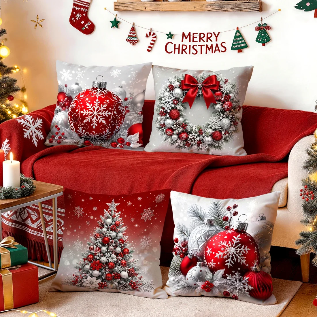 1/4pcs Christmas Ball Ornament Cushions Pillowcase Polyester Cushion Cover Throw Pillow Pillowcover Home Car Sofa Decor