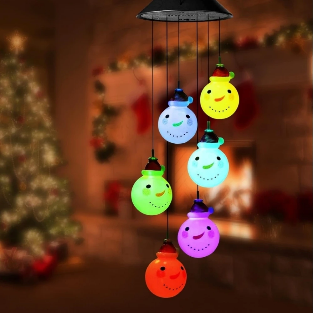 Christmas Solar Wind Chimes Snowman Mobile Hanging LED Color Changing Wind Chime for Indoor and Outside Garden Patio Yard Decor