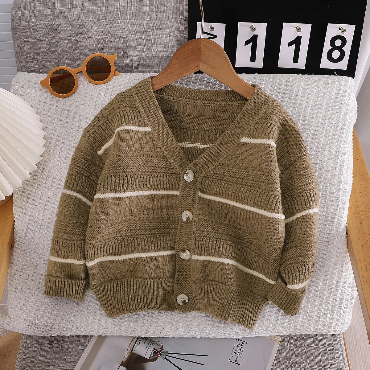 Children's sweater cardigan lazy style Korean version autumn outfit men's and women's treasure Western style striped thick needl