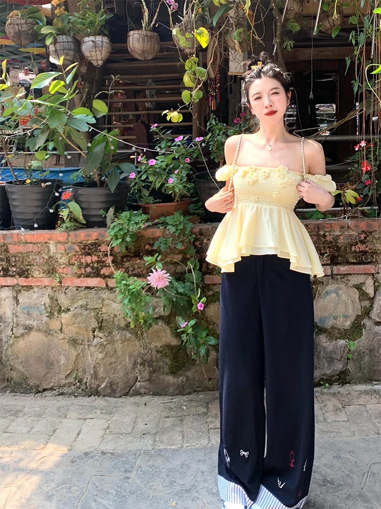 

High Waist Wide Leg Straight Cut Embroidered Suit Pants for Women Loose Fit Casual Commute Sle Spring 2025 Zipper Closure