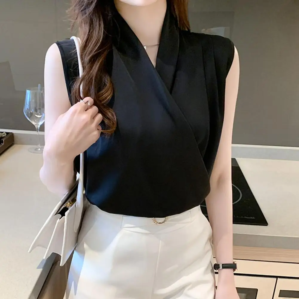 

Women Casual Vest Satin Stitching V-neck Sleeveless Blouse Loose Fit Cross Wrapped Women's Summer Shirt Vest for Streetwear