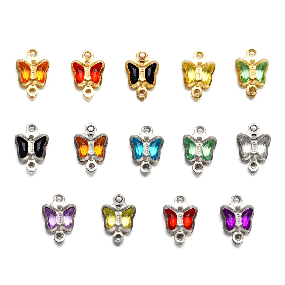 

10Pcs/lot Stainless Steel Double Hole Butterfly Charms With Crystal Animal Pendants For DIY Bracelet Necklace Jewelry Making