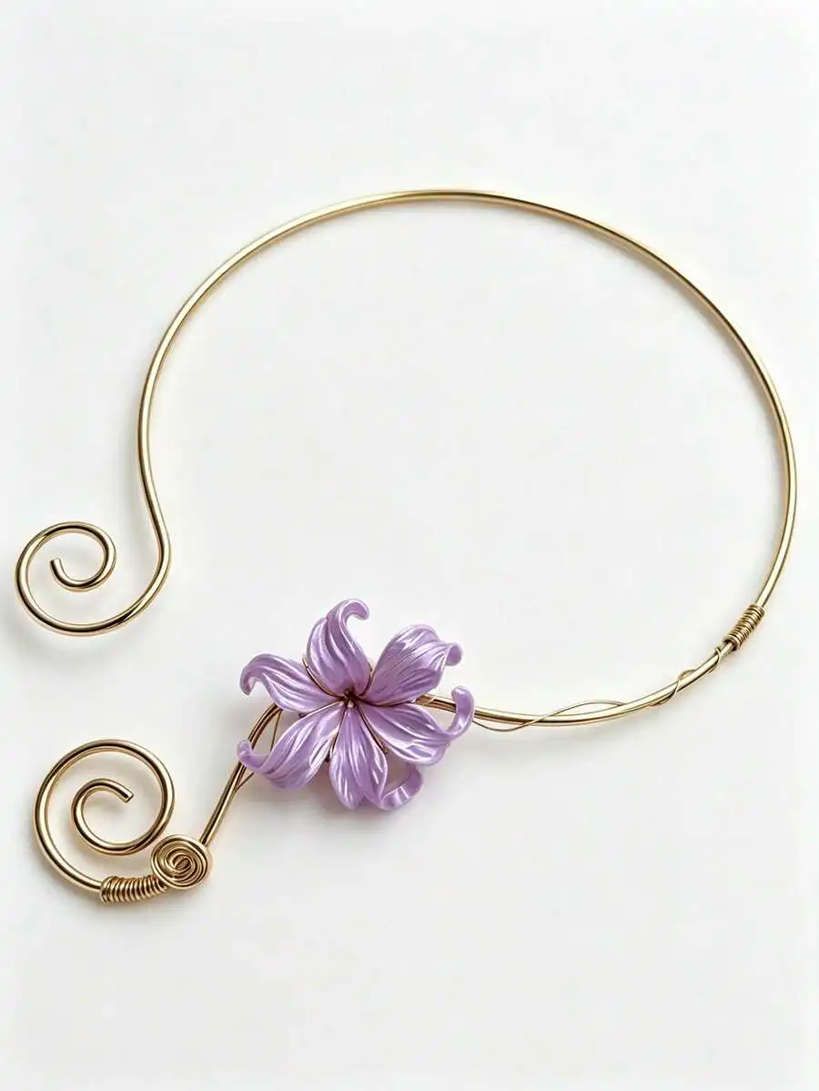 

1pc Unique Fashion Iridescent Iris Flower Wrap Adjustable Choker Necklace, Elegant Spiral Floral Design Adjustable Necklace Acce