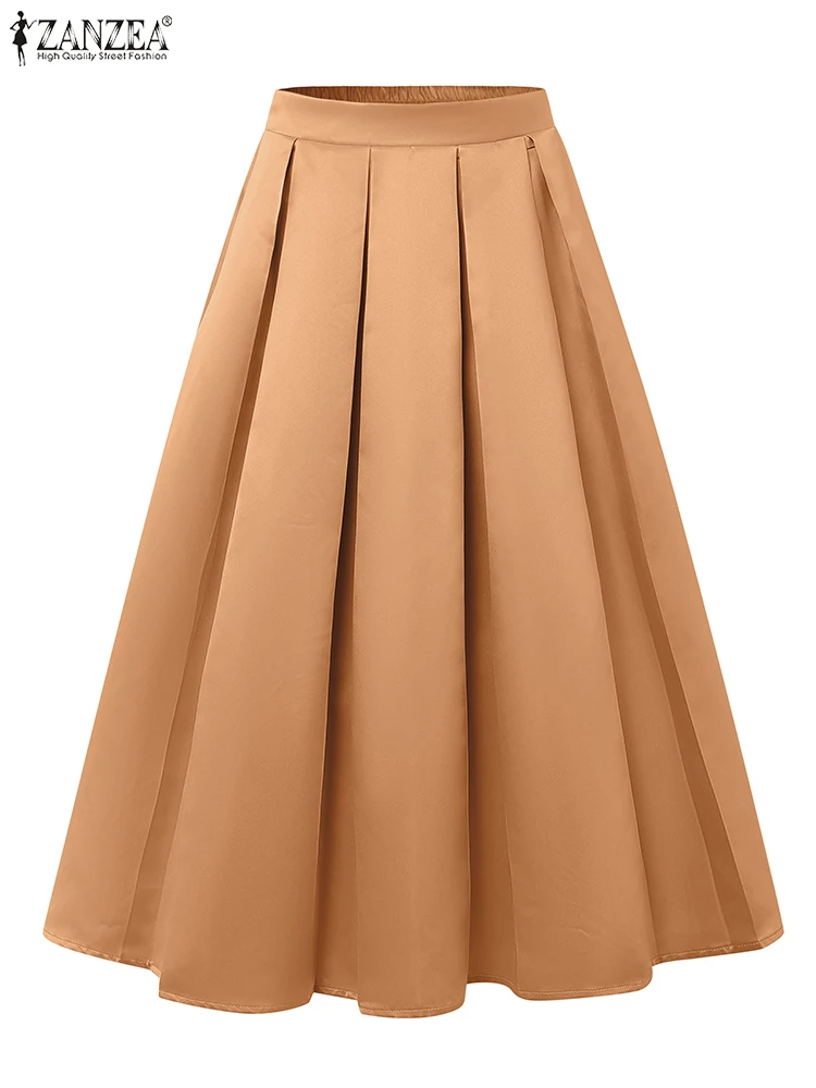 2025 Elegant High Waist Office Pleated Skirts ZANZEA Summer Women Fashion A-line Party Skirt Jupe Vestido Solid Midi Skirt Falda