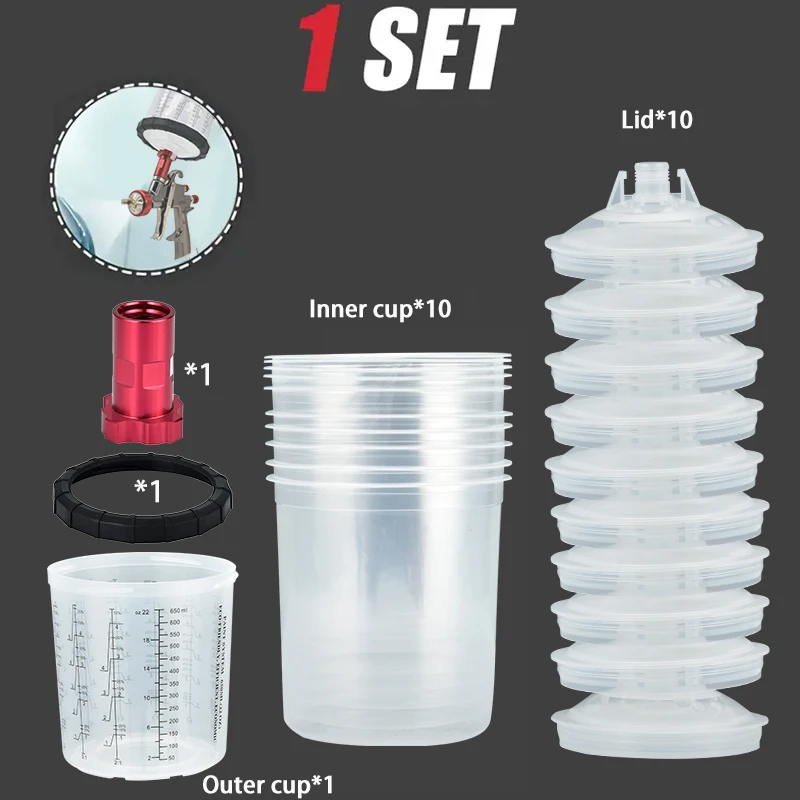 Il kit pistola a spruzzo R500 include pistola a spruzzo R500 LVLP da 1,3 mm con dieci tazze usa e getta senza puliti e filtro a manometro con adattatore