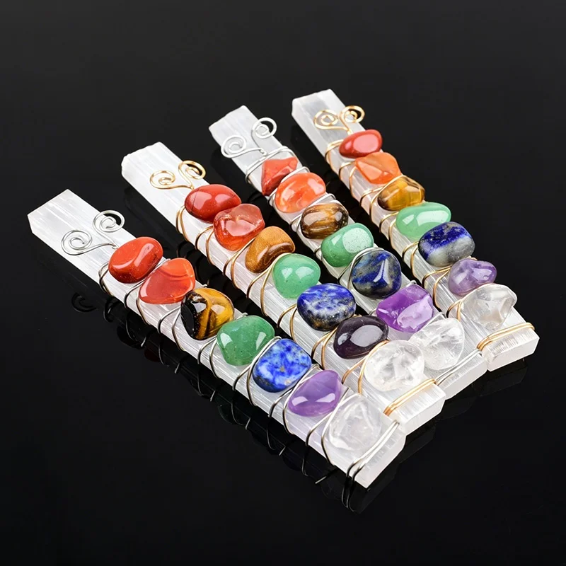1 pièce de Sélénite Naturelle, Baguette de Cristal 7 Chakras, Pierres Roulées Enroulées de Fil, Ornement de Cristal de Guérison Reiki, Cadeau Souvenir