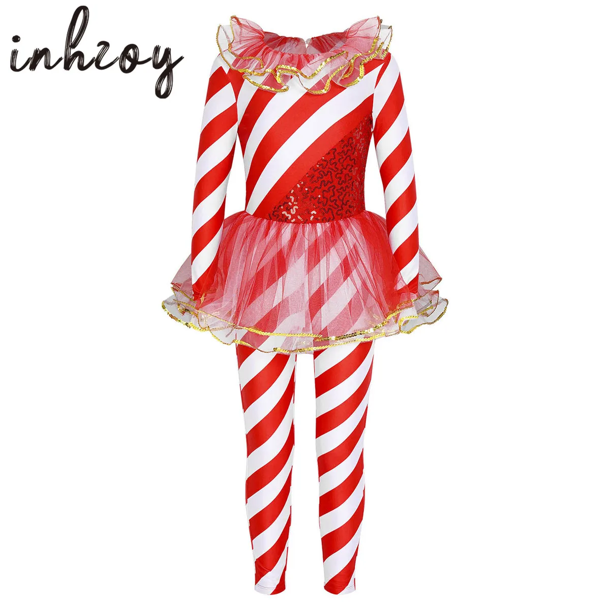 

Striped Sequin Dance Bodysuit Jumpsuit Kids Girls Candy Cane Christmas Costume One Piece Unitard Dress Xmas Dance Outfit