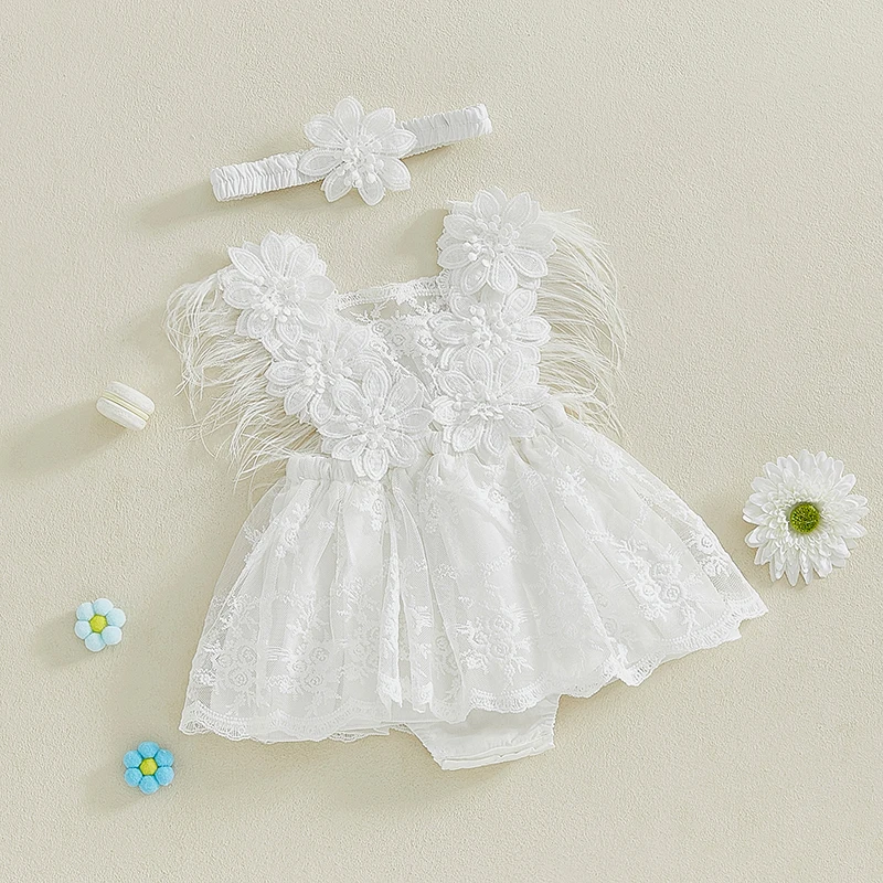 Baby Girl Romper Dress Newborn Infant Feather Flower Lace Embroidery Ruffle Princess Dresses Bodysuits with Headband